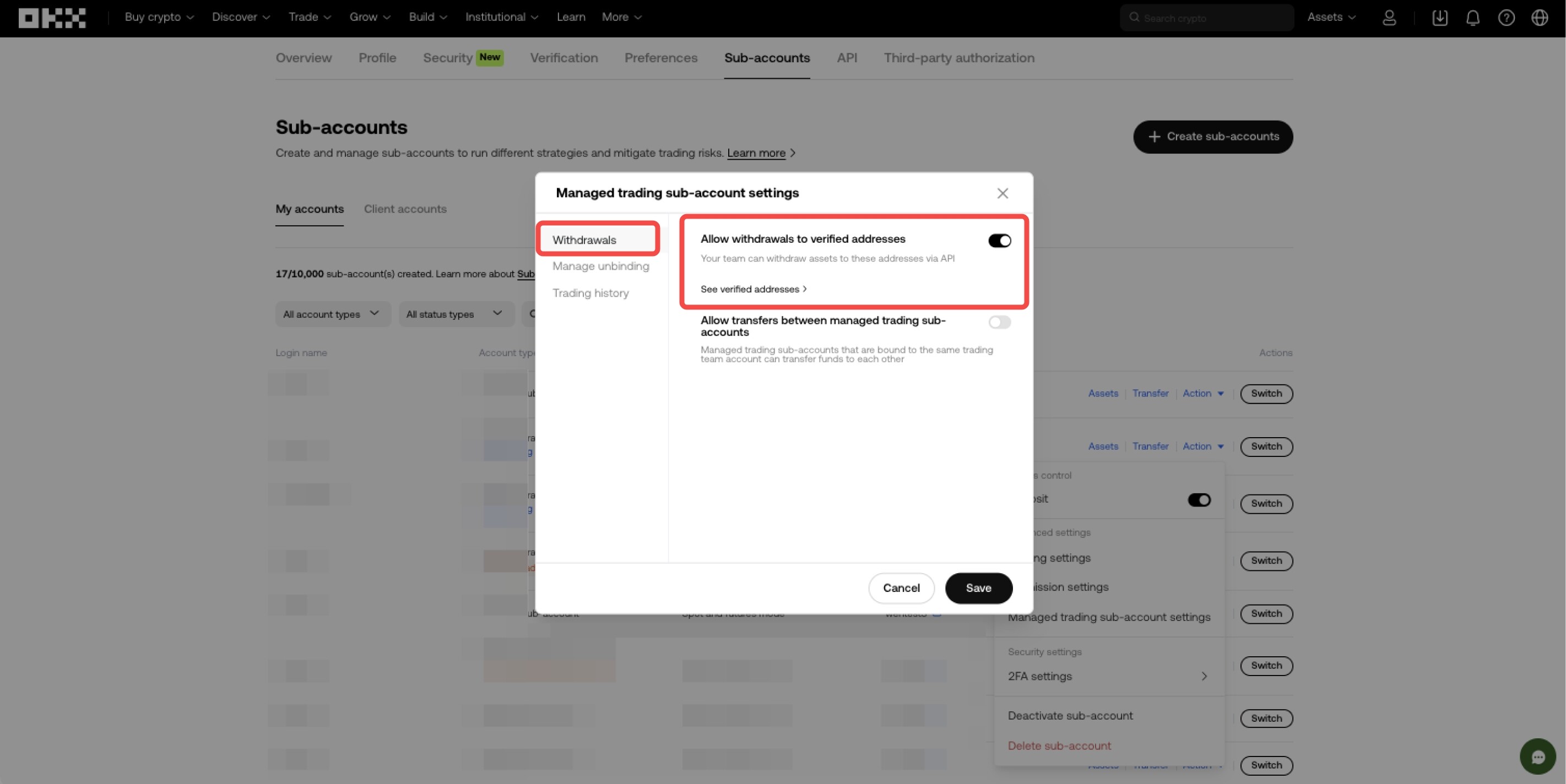 MSA settings withdrawal